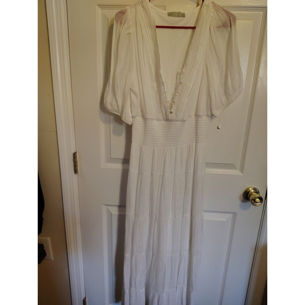 ICE Women's S White Solid V-Neck 3/4 Sleeve Maxi Button Front Smocked